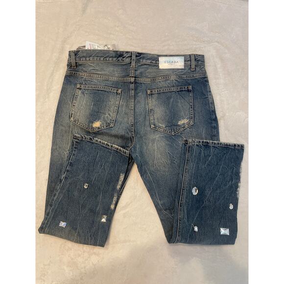 ESCADA SPORTS Rhinestone Patchwork Skinny Ripped Jeans 36 Bright Blue NWT - Picture 8 of 9